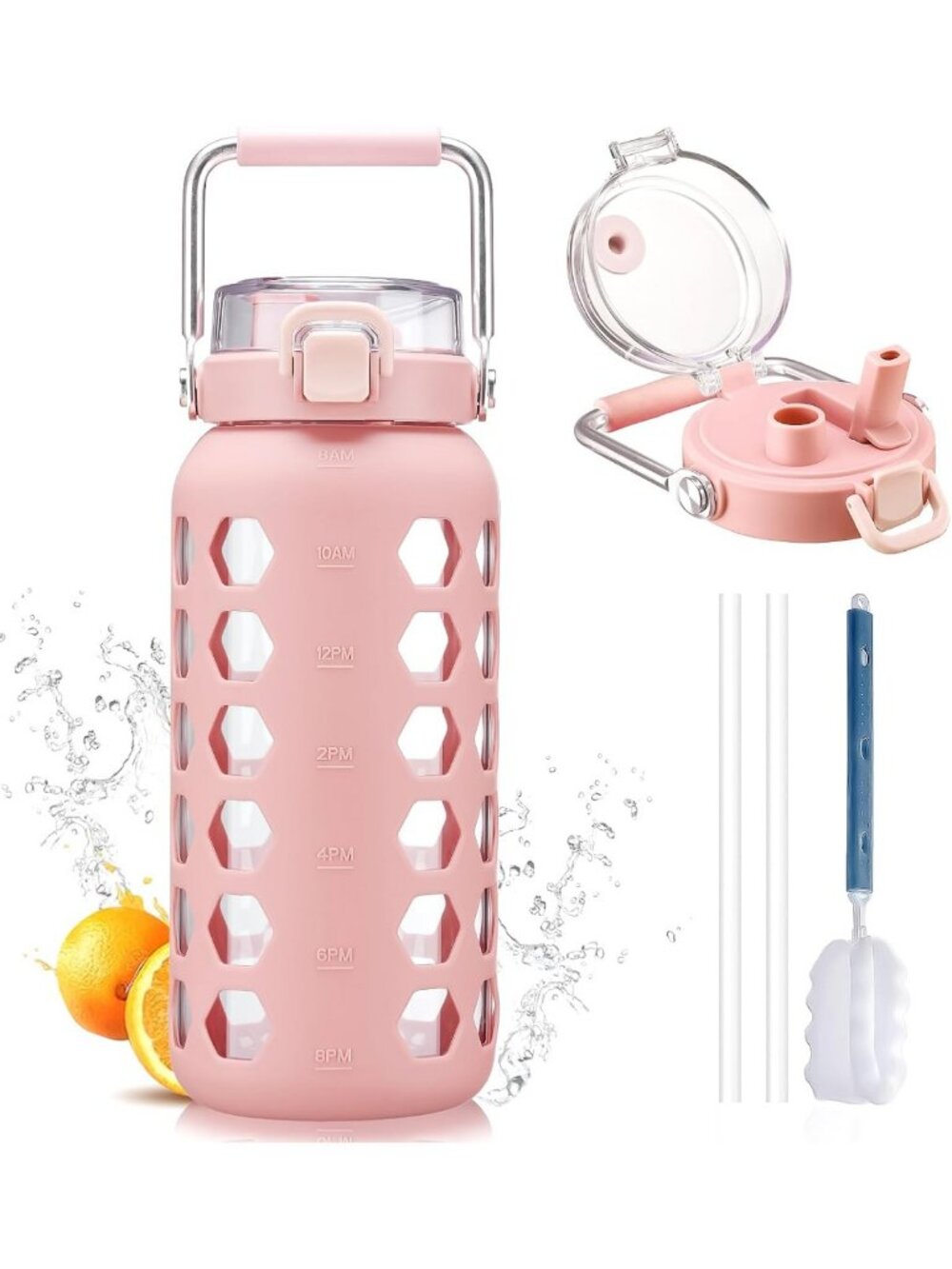 64oz Pink Glass Water Bottle with Straw & Lid - Eco-Friendly Hydration Solution